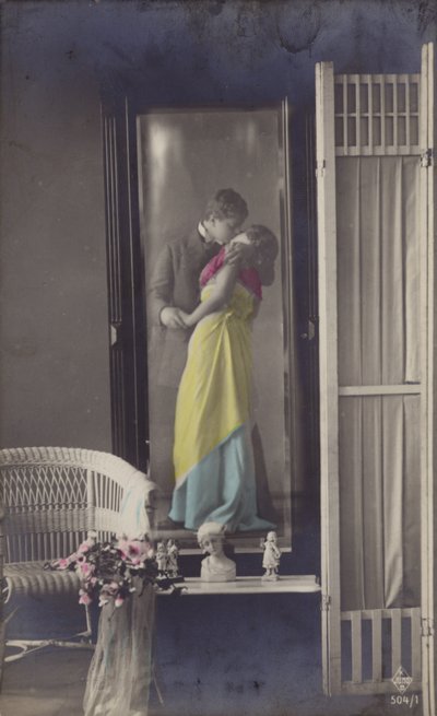 The Reflection in a Mirror of a Young Couple Kissing by French Photographer