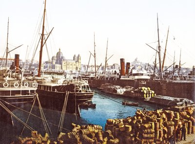 Wine Barrels and Boats at the Quayside in Marseille with Marseilles Cathedral in the Background by French Photographer