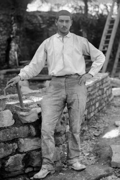 Young man employed in the restoration of the Abbey of Septfontaines, near Bourmont in Haute-Marne, around 1880. Photography. Ducos Collection by French Photographer