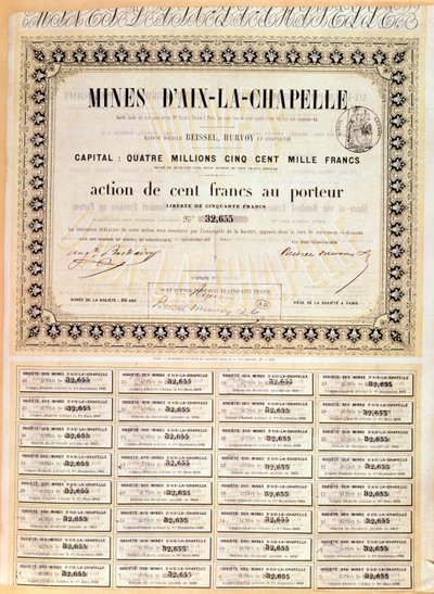 100 francs Bearer share of Aachen mines by French School