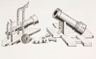 15th century cannons, with fixed gun carriage (right) and rolling gun carriage (left) from Les Arts au Moyen Age, published 1873 by French School