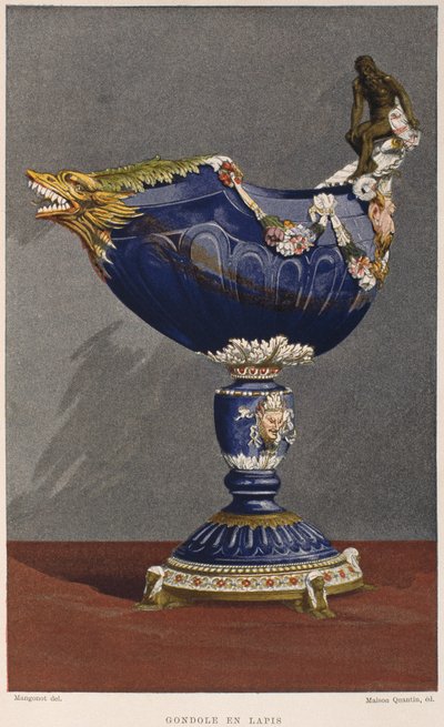 16th Century Gondola Shaped Cup Inlaid with Lapis Lazuli, Mounted in Enamelled and Silver Gilt (from Dictionnaire de Lameublement et de la Decoration by Henry Havard, Volume 2) by French School