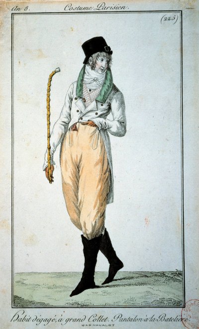 18th century fashion: Parisian suit with large collar, trousers with boats. Paris, Musee du Costume by French School