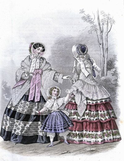 2 Fashionable Women with a Girl on a Walk - in Journal des Demoiselles 1852 by French School
