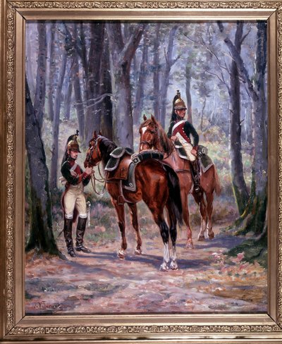 2 riders of the 8th Dragons, gone as scouts, painting by De Villeneuve, military painter late 19th century by French School