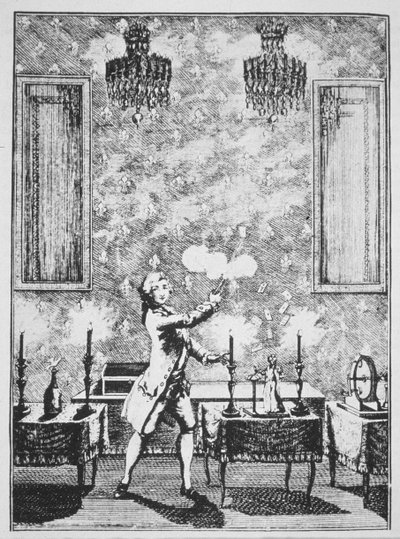 A Demonstration of Conjuring from La magie Blanche devoilee by Decremps, 1659, illustrated in a History of Magic, published late 19th century by French School