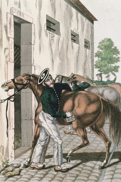 A Dragoon grooming his horse, plate 257 from a series of French Imperial soldiers by French School