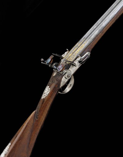 A Fine and Rare 20-Bore Silver-Mounted French D.B. Flintlock Sporting Gun by French School