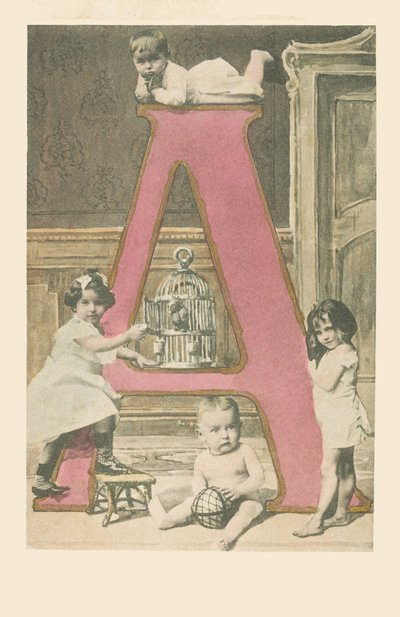 Four young children, a cage and a cacatoes by French School