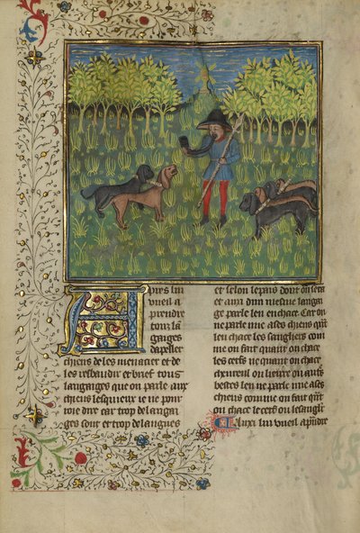 A Hunter Training Dogs to Respond to the Call of a Horn, c.1430-40 by French School