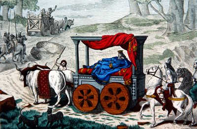 A Merovingian King being carried in a litter drawn by oxen by French School
