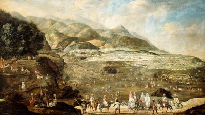 A Moroccan Military Encampment with Veiled Ladies on Donkeys in the Foreground by French School