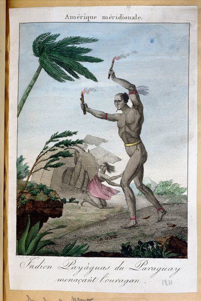 A Payaguas indian shaman attempting to turn away a hurricane, Paraguay by French School