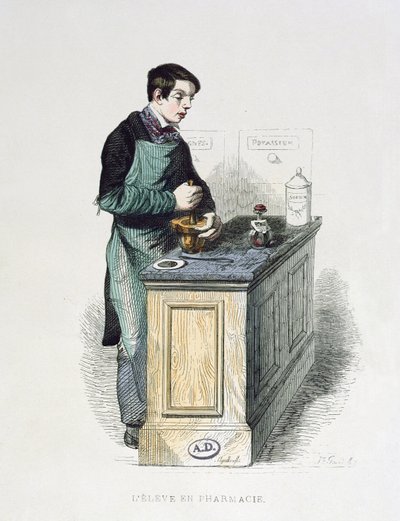 A Pharmacy Student preparing medicine, illustration from Les Francais peints par eux-memes, Editions L. Curmer, 1841 by French School