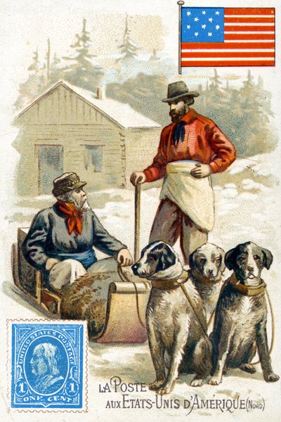 A Postman in the U.S.A delivering mail in winter, late 19th century by French School