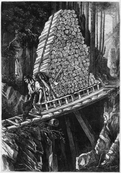 A Schlittes road (wooden sleigh used for the descent of the wood in mountainous regions). Hochwald in the Vosges by French School