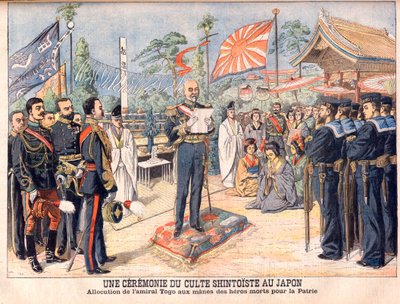 A Shinto ceremony in Japan. Admiral Togo addressing the spirits of Japanese heroes killed in the Russo-Japanese War. Illustration for Le Petit Journal by French School