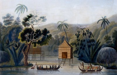 A Spirit House on stilts in Offak Harbour, Waigou Island, from Voyage autour du Monde sur la Corvette Coquille by Lieutenant Louis Isodore Duperrey, 1826 by French School