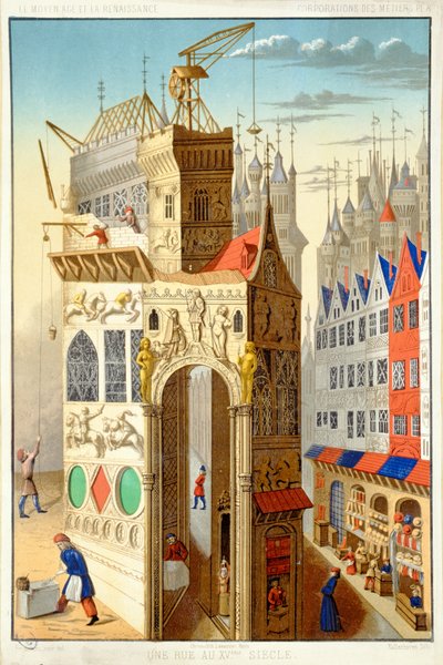 A Street in the Fifteenth Century Showing the Construction of a Tower by French School