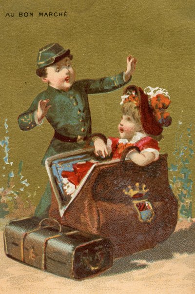 A Surprise in the Luggage, from a series of illustrations of children, produced as promotional cards for the Bon Marché Department Store in Paris, c.1890 by French School