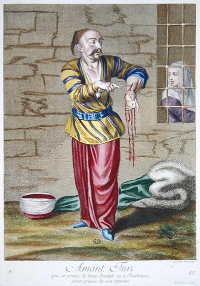 A Turkish lover piercing his arm before his mistress to give proof of his love, from the 