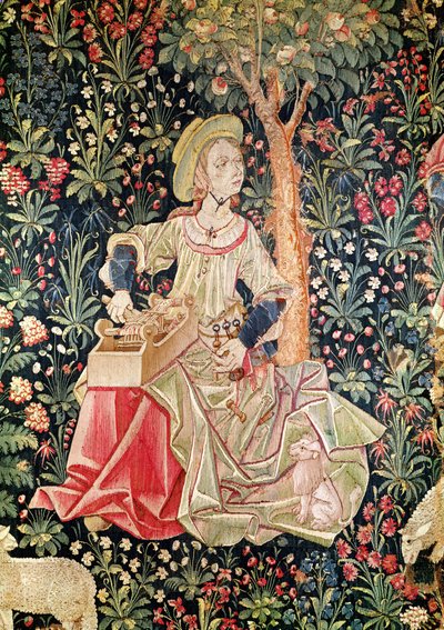 A Woman Spinning (detail) from Le Travail de la Laine, part of La Noble Pastorale, c.1500 by French School