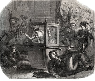 A band of jokers keeps Marie-Therese Le Vasseur (1721-1801), a costume for the Carnival, from advancing in her wheelchair. She