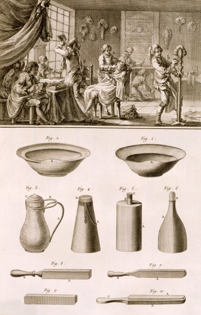 A barbershop and barber tools, from the Encyclopedie des Sciences et Metiers by Denis Diderot published c.1770 by French School