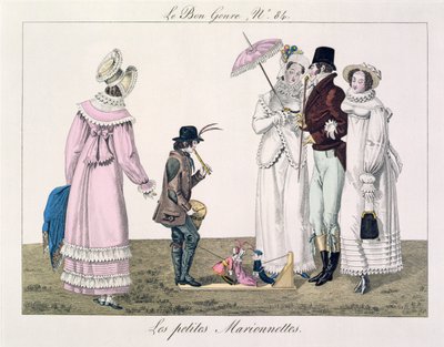 A boy entertaining with dancing puppets, plate 84 from Le Bon Genre, c.1810 by French School