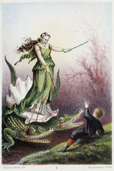 A Boy in Front of a Woman Mounted on a Tank Driven by Two Crocodiles - in Journey to the Bottom of the Sea by H. de la Blanchère by French School