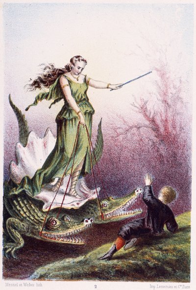 A Boy in Front of a Woman Mounted on a Tank Driven by 2 Crocodiles - in 