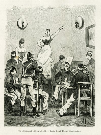 A Cafe Singing in Bourg Leopold. Engraving by A. Hubert to illustrate the story La Belgique, by Camille Lemonnier, in Le Tour du Monde 1886, directed by Edouard Charton, Hachette, Paris by French School