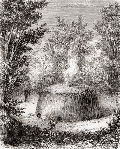 A charcoal kiln in the forest, after a 19th century drawing, from Les Merveilles de la Science, published c.1870 by French School