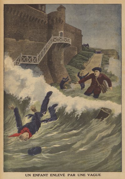 A child swept away by a wave (colour lithograph) by French School