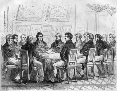 A conciliable of deputies of the bourgeoisie at the Palais Royal in Paris under Charles X and the Restoration. Engraving in “Histoire des Papes-Rois-Queen and Empereurs a travers les centuries” by Maurice Lachatre by French School
