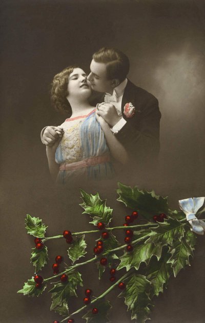 A Couple in Love and Holly Branches. Postcard Early 20th Century by French School