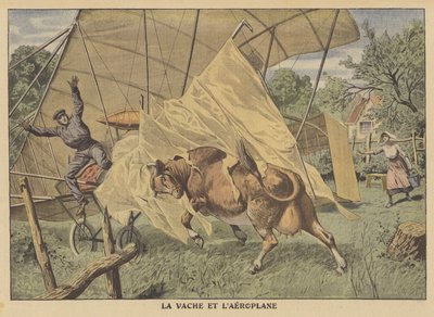 A cow attacking an aeroplane in the American Midwest by French School