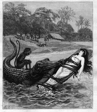 A Crocodile Grabs a Wooden Board to Which a Woman is Attached by French School