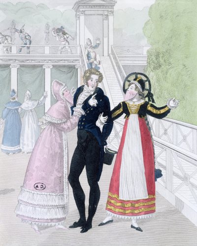 A dandy being courted by two masked women from the series Le Bon Genre by French School