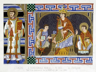 A deacon, a noble figure, a king and an eveque illustrating the people of the tenth century; Illustration of the nineteenth century draws from 