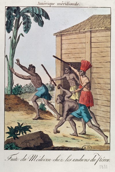 A doctor running from Peruvian indians, 1811 by French School