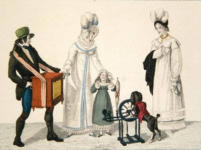 A dog playing with a spinning wheel accompanied by a music box, plate 85 from 