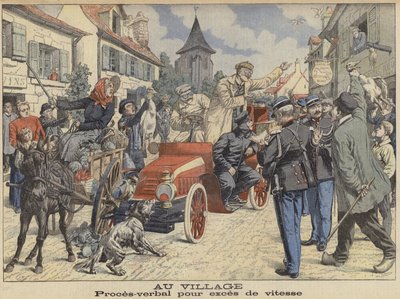 A Driver Stopped by the Police for Speeding as They Travel Through a Village by French School