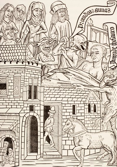 A dying sinner surrounded by his family and two devils whisper in his ear, page from the 15th century text Ars Moriendi or The Art of Dying, from Les Artes au Moyen Age, published 1873 by French School
