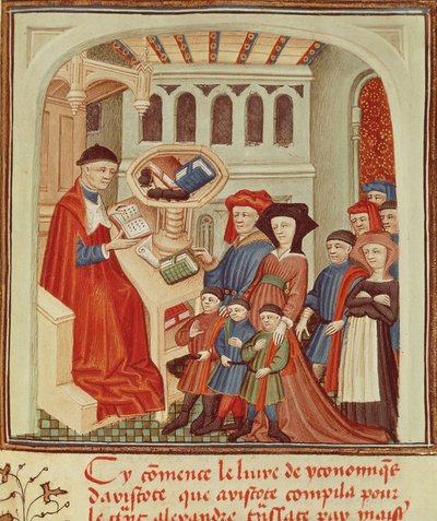 A Family in Front of a Financier, Miniature from Ethics, Politics, the Economy by Aristotle, France by French School