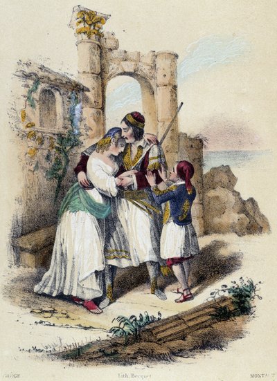A family surrounded by ruins; illustration for Greece, in 