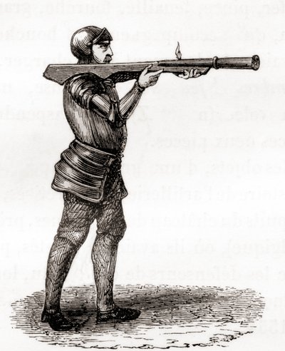 A foot soldier using a hand held bombard, late 14th and 15th centuries, after a 19th century drawing, from Les Merveilles de la Science, published c.1870 (engraving) by French School