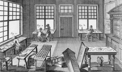 A furniture inlayers workshop, from the Encyclopedie des Sciences et Metiers by Denis Diderot published c.1770 by French School