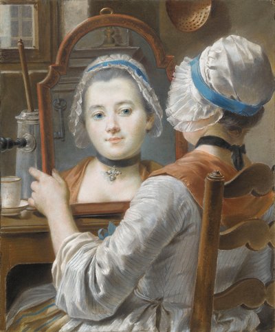 A Girl Wearing a Bonnet, Looking at Herself in a Mirror with a Chocolate Pot and a Cup on the Table, c.1750 by French School