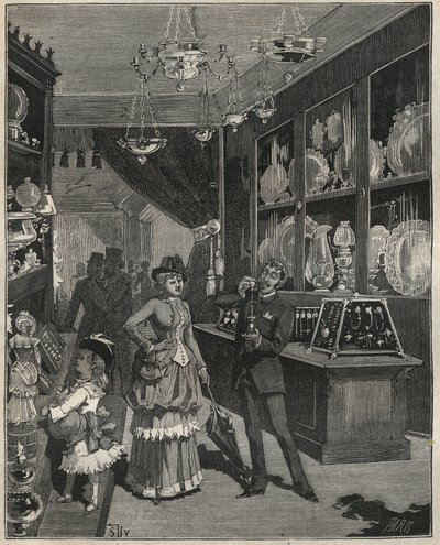 A gold shop in France in the 19th century. Engraving from 1885 in 